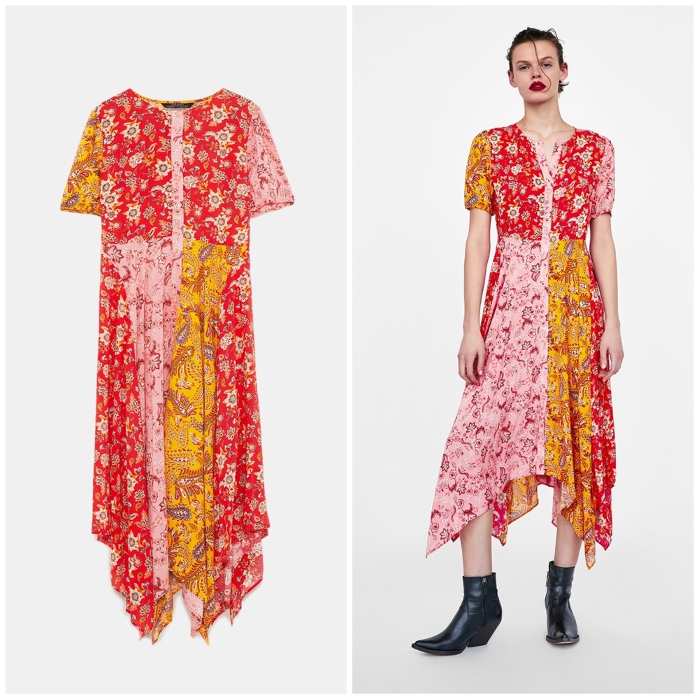 Zara Blogger Favorite Patchwork Handkerchief Midi Maxi Dress Size M